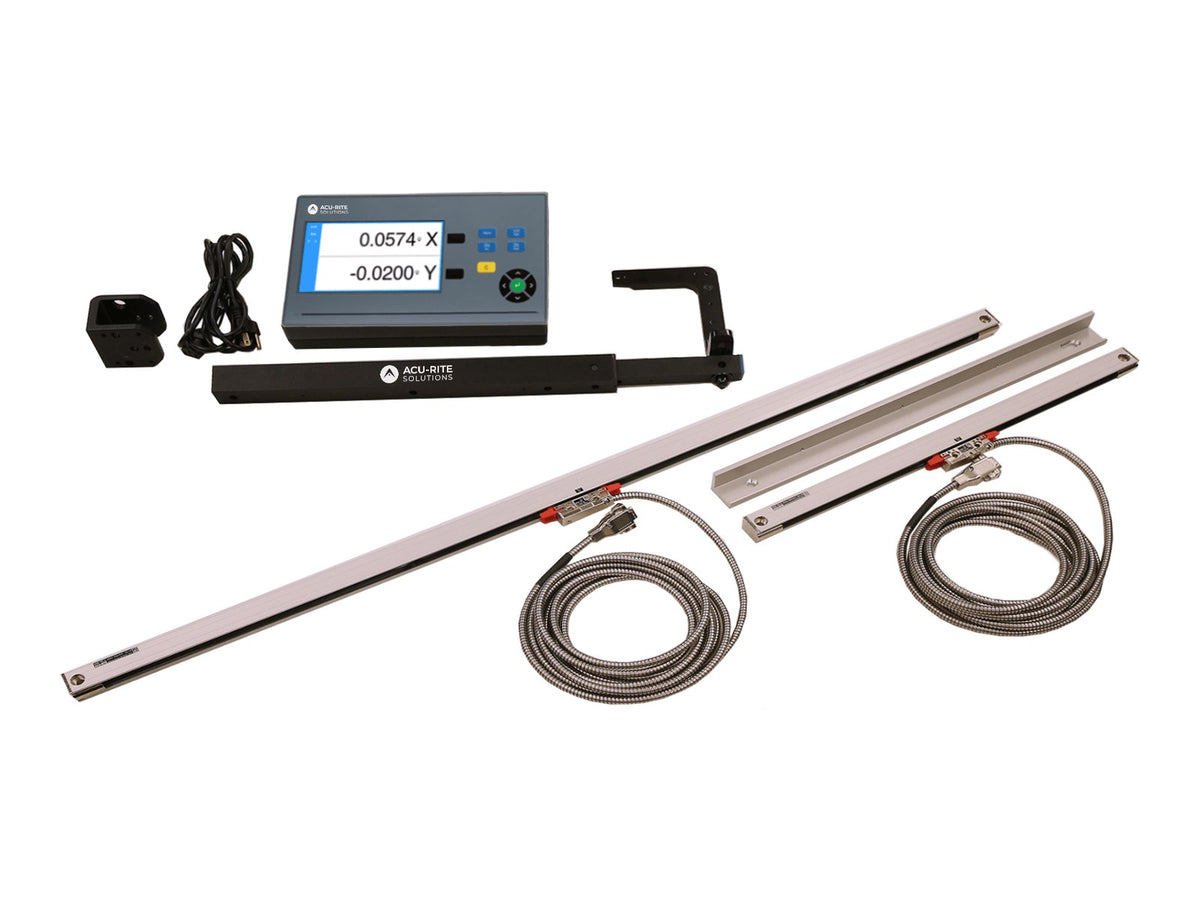 ACU-RITE DRO102 knee mill package contents: digital readout, two glass scales with cables, mounting arm, bracket and power cord