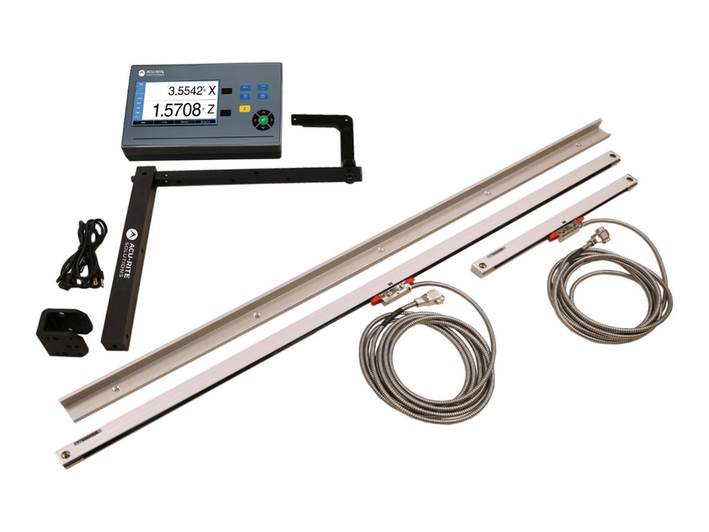 ACU-RITE DRO102 lathe package contents: digital readout, two glass scales with cables, mounting arm and power cord