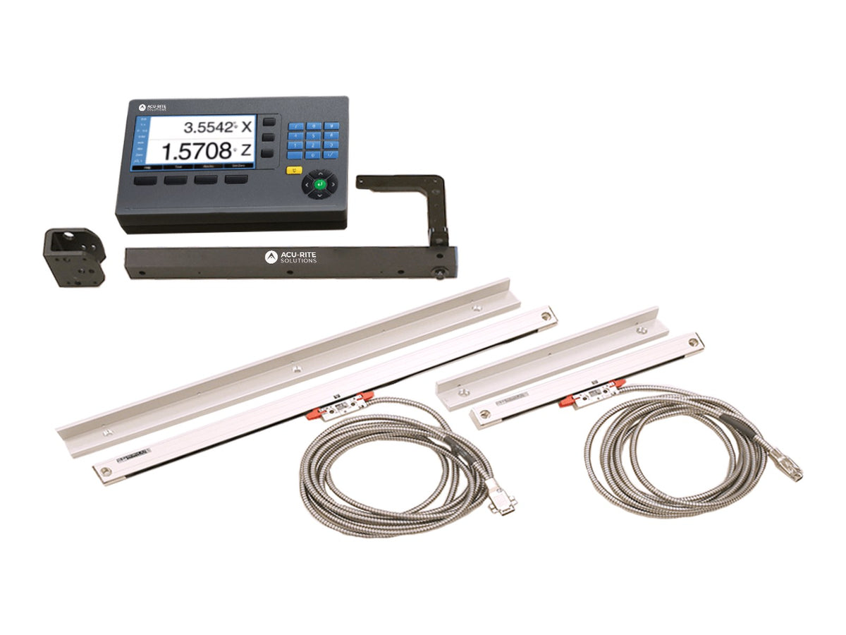 ACU-RITE DRO203 grinding package contents: digital readout, two glass scales with cables, mounting arm and bracket