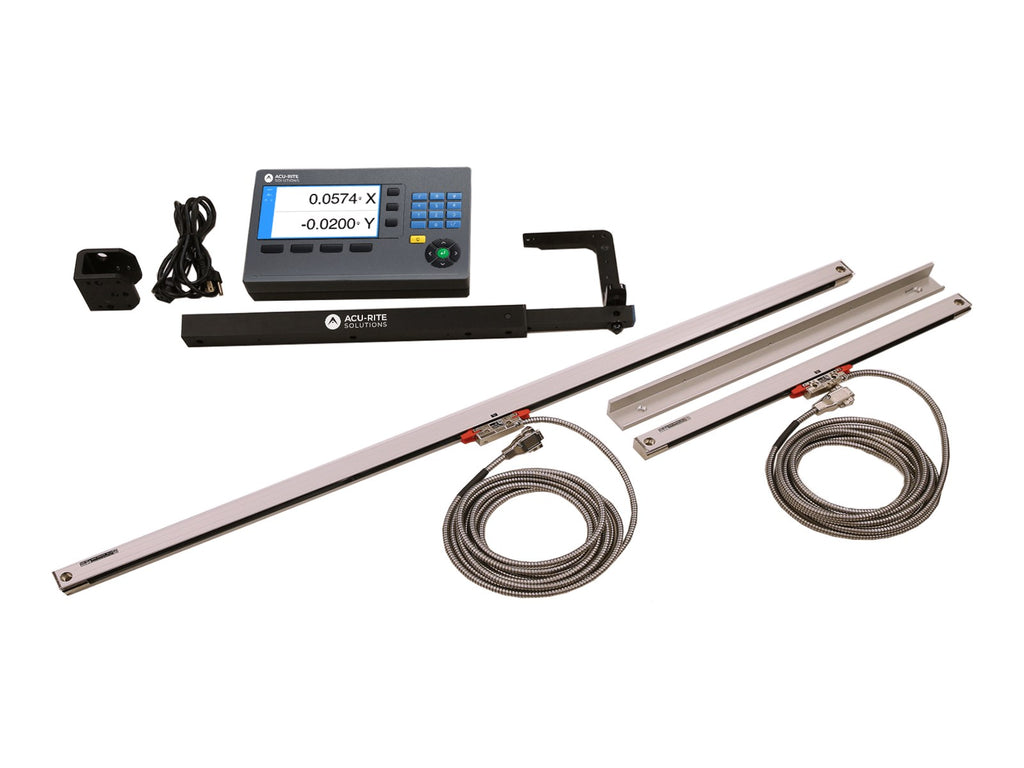 ACU-RITE DRO203 knee mill package contents: digital readout, two glass scales with cables, mounting arm, bracket and power cord